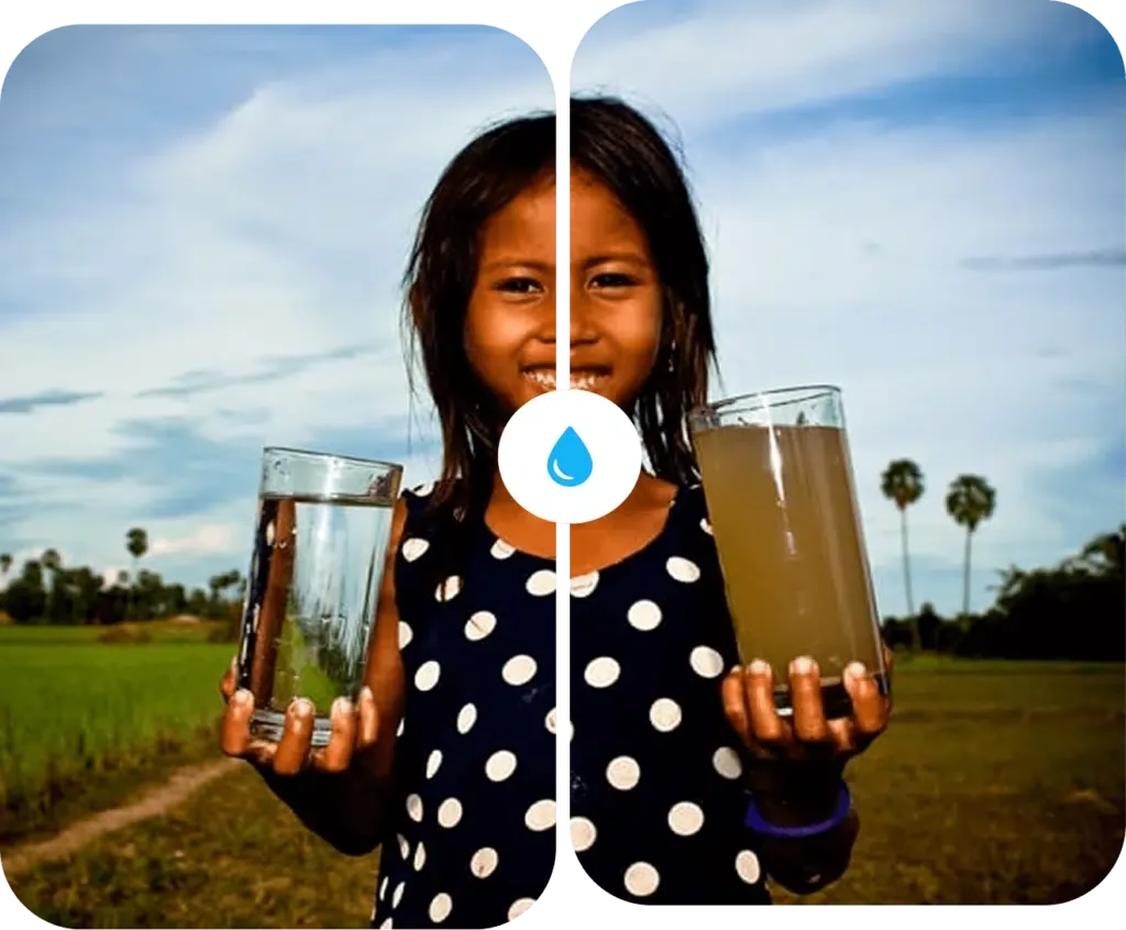 a little girl Holding dirty water in one hand and clean water in other hand