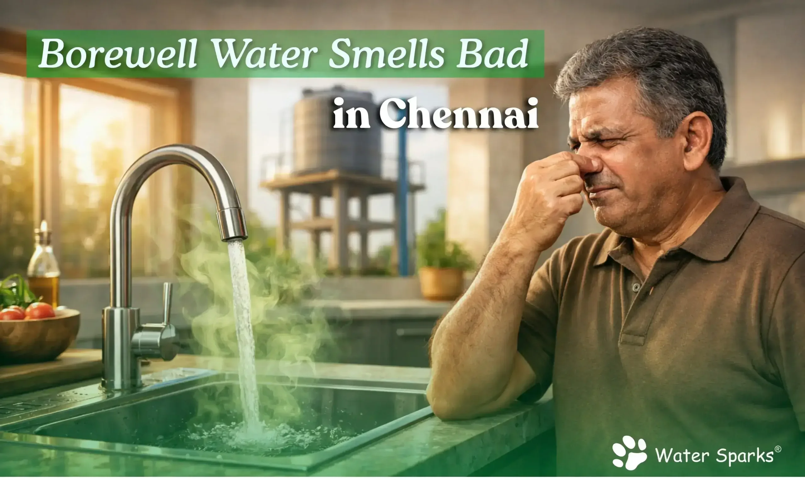 Man covering his nose due to bad smell from borewell water flowing from a kitchen tap in Chennai, highlighting groundwater odor issues
