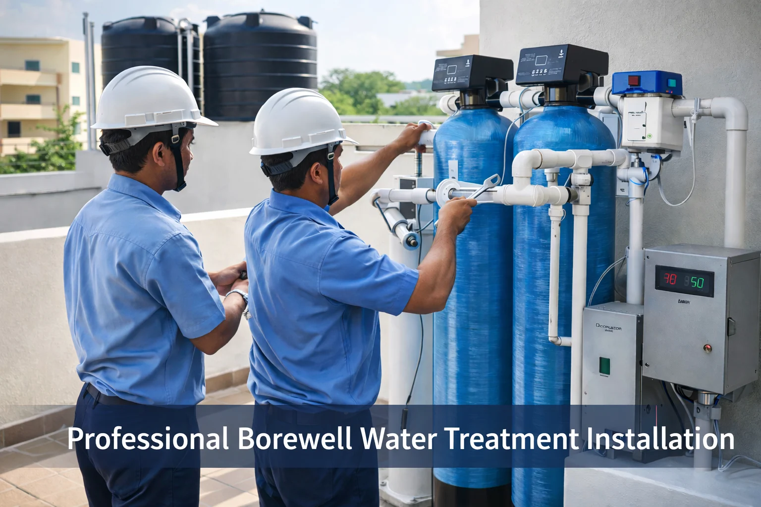 Professional borewell water treatment installation by service team on a residential terrace in redhills Chennai