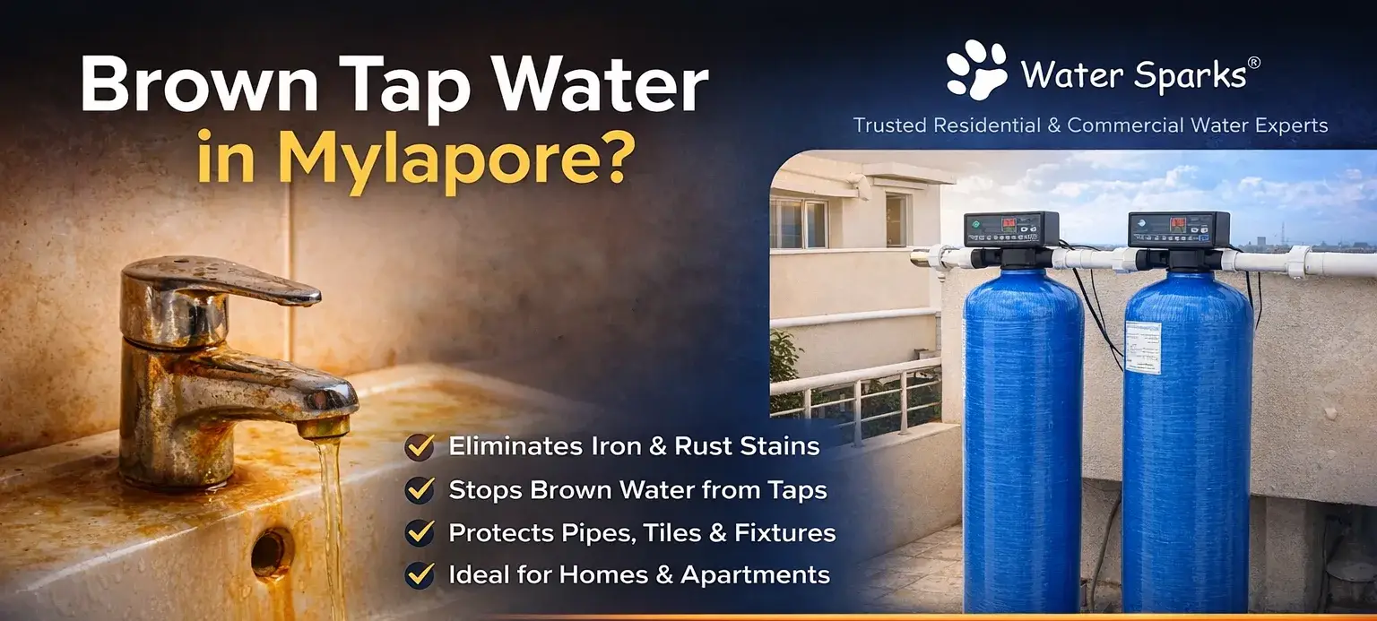 Brown water problem in Mylapore Chennai with rusty faucet and WaterSparks Whole house Iron Removal Plant water treatment solution