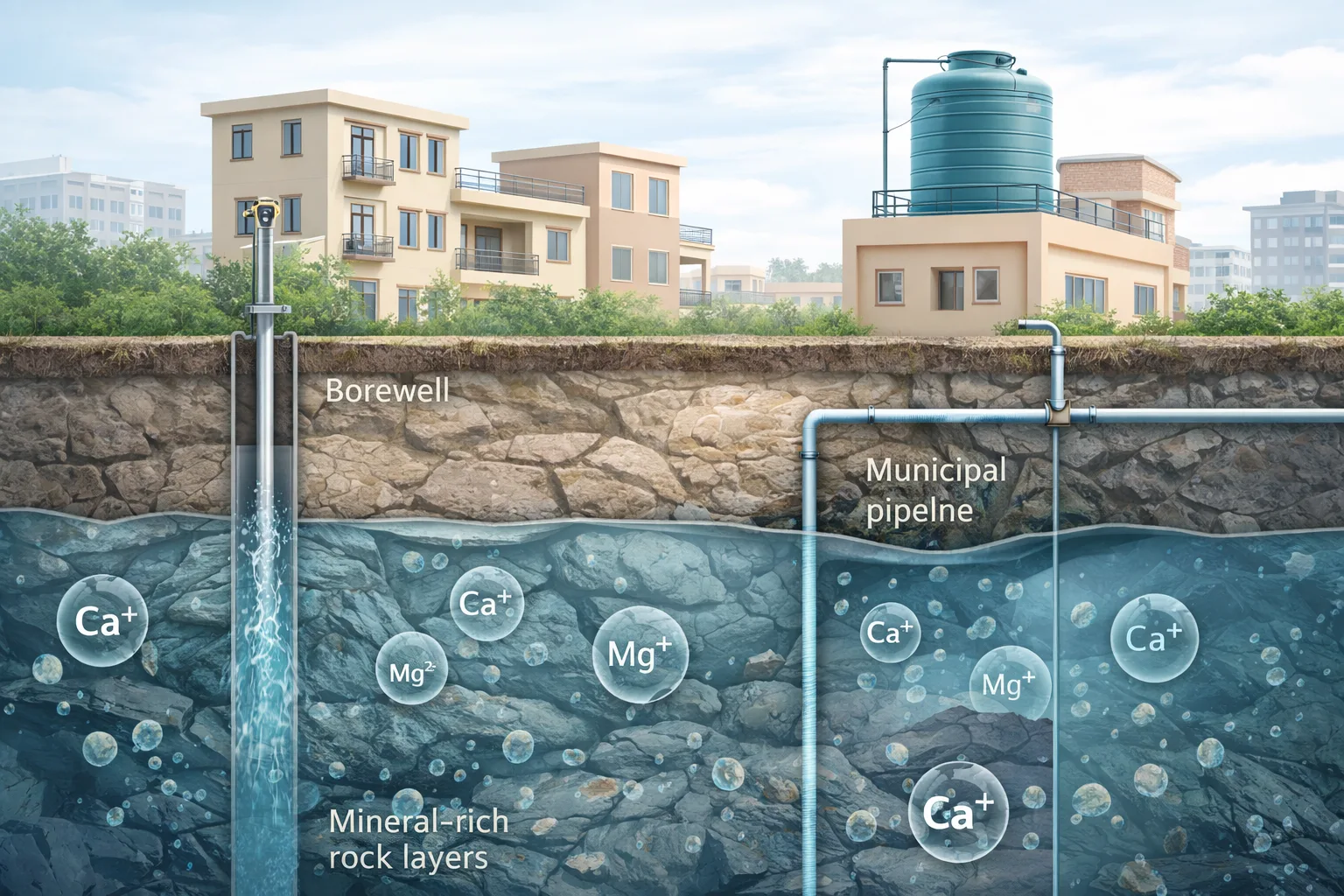 Sources of hard water in Chennai homes including borewell water, groundwater minerals, and overhead tanks