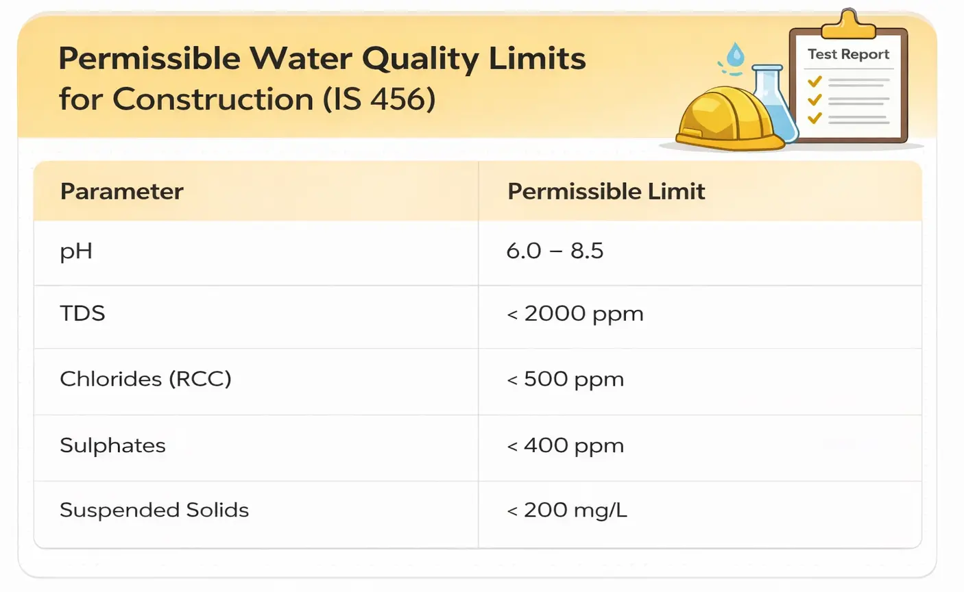 Permissible water quality limits for construction as per IS 456 including pH, TDS, chlorides and sulphates