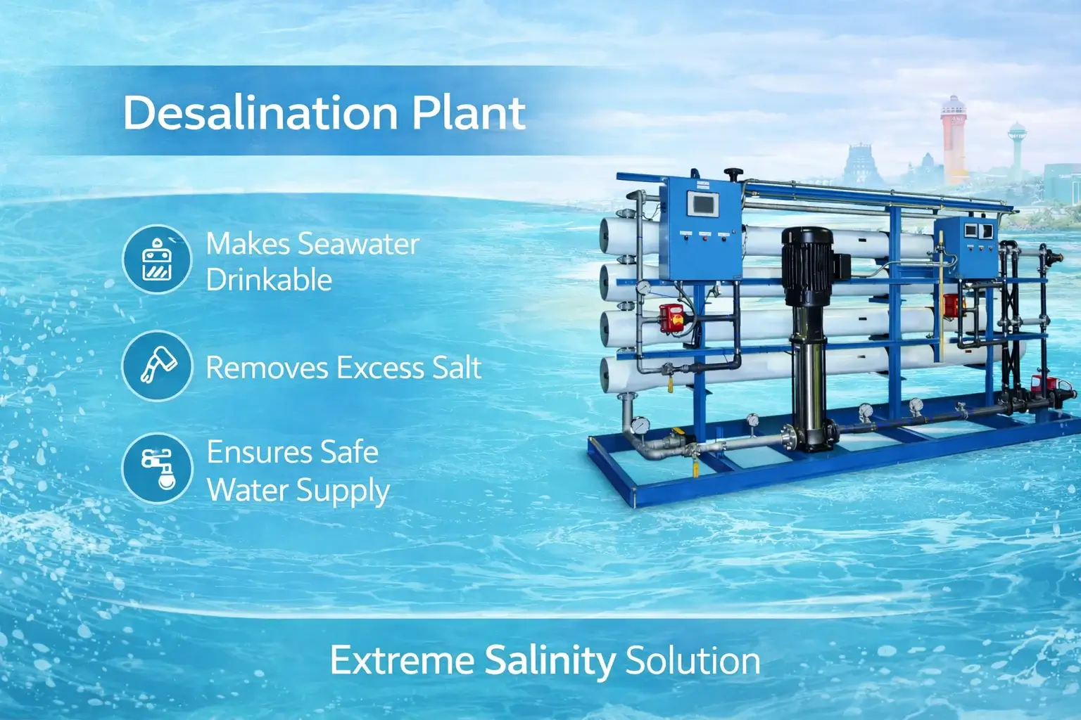 High-capacity desalination plant near Chennai coast, showing RO membranes and clean water output
