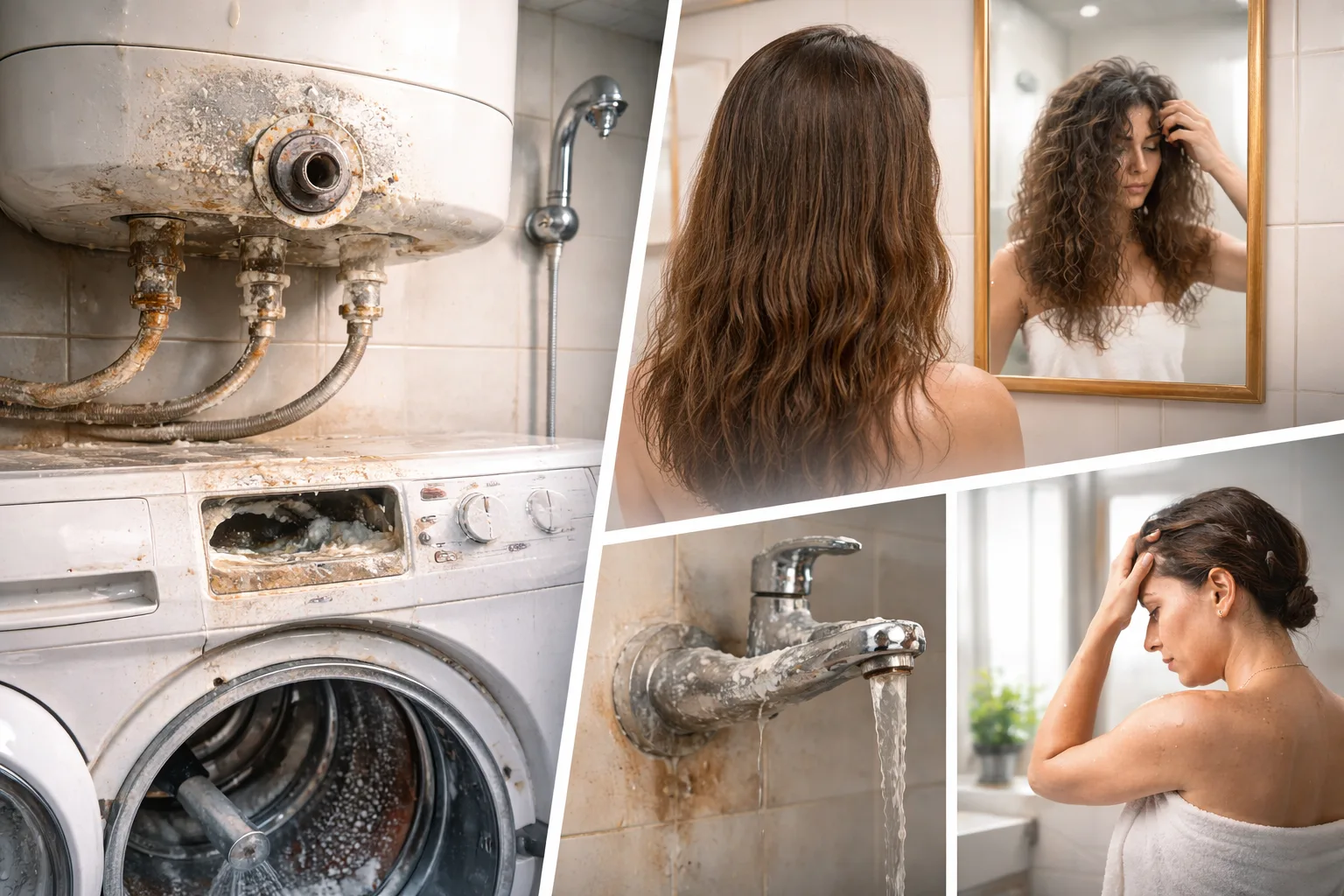 Effects of hard water in Chennai home including damaged appliances, stained taps, dull hair, and dry skin