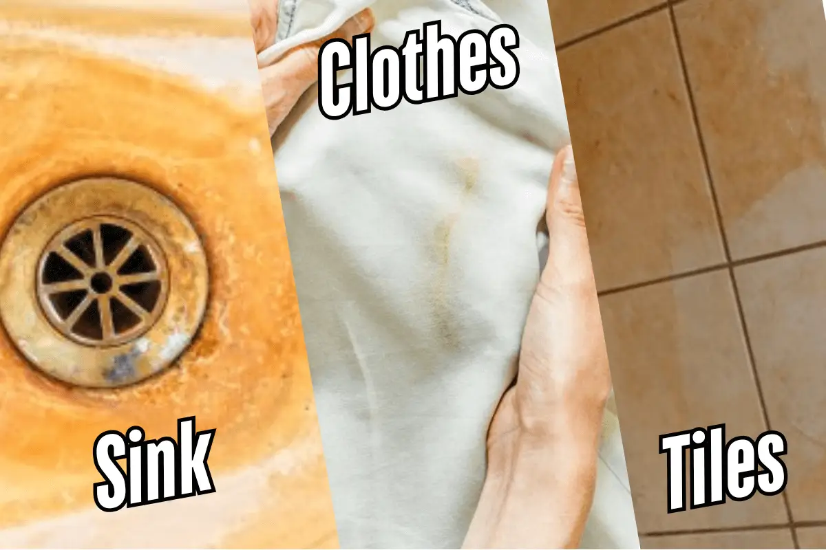 iron or brown water stains on sink, clothes and tiles