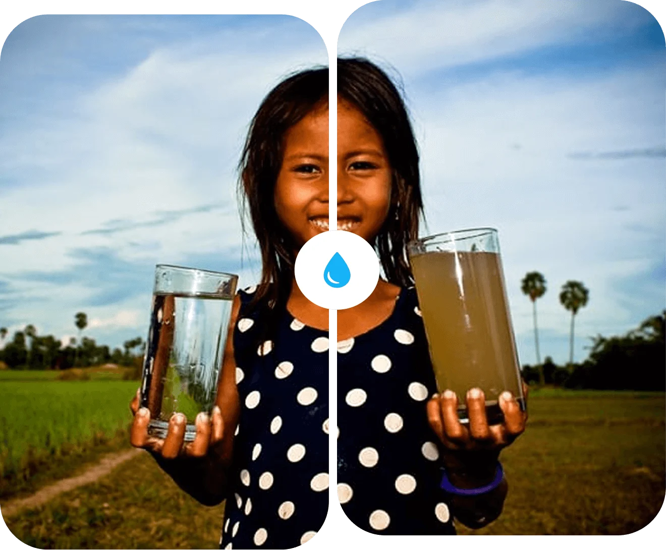 a little girl lifting one hand iron water glass and another hand lifting clean water glass