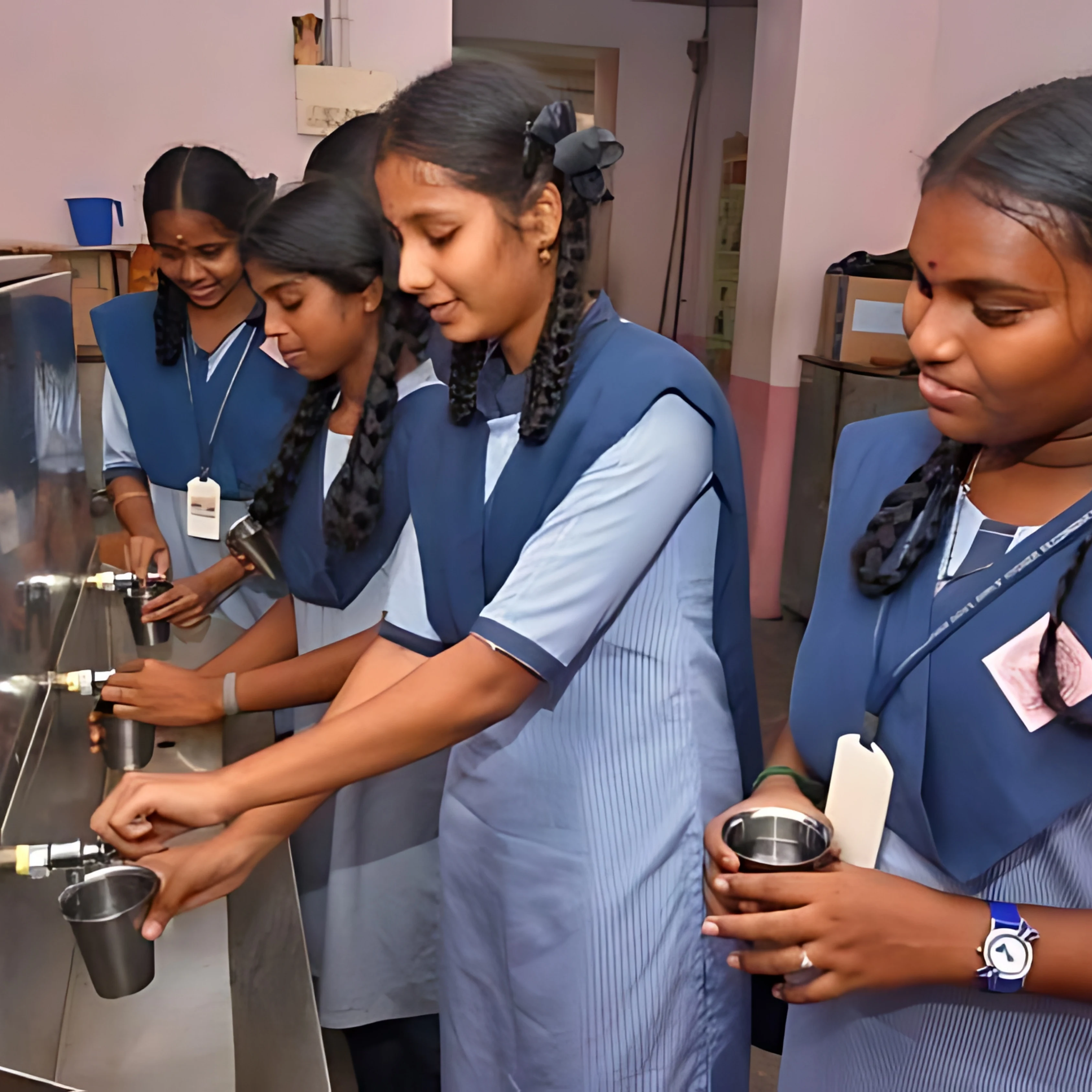 school students getting clean water in taps