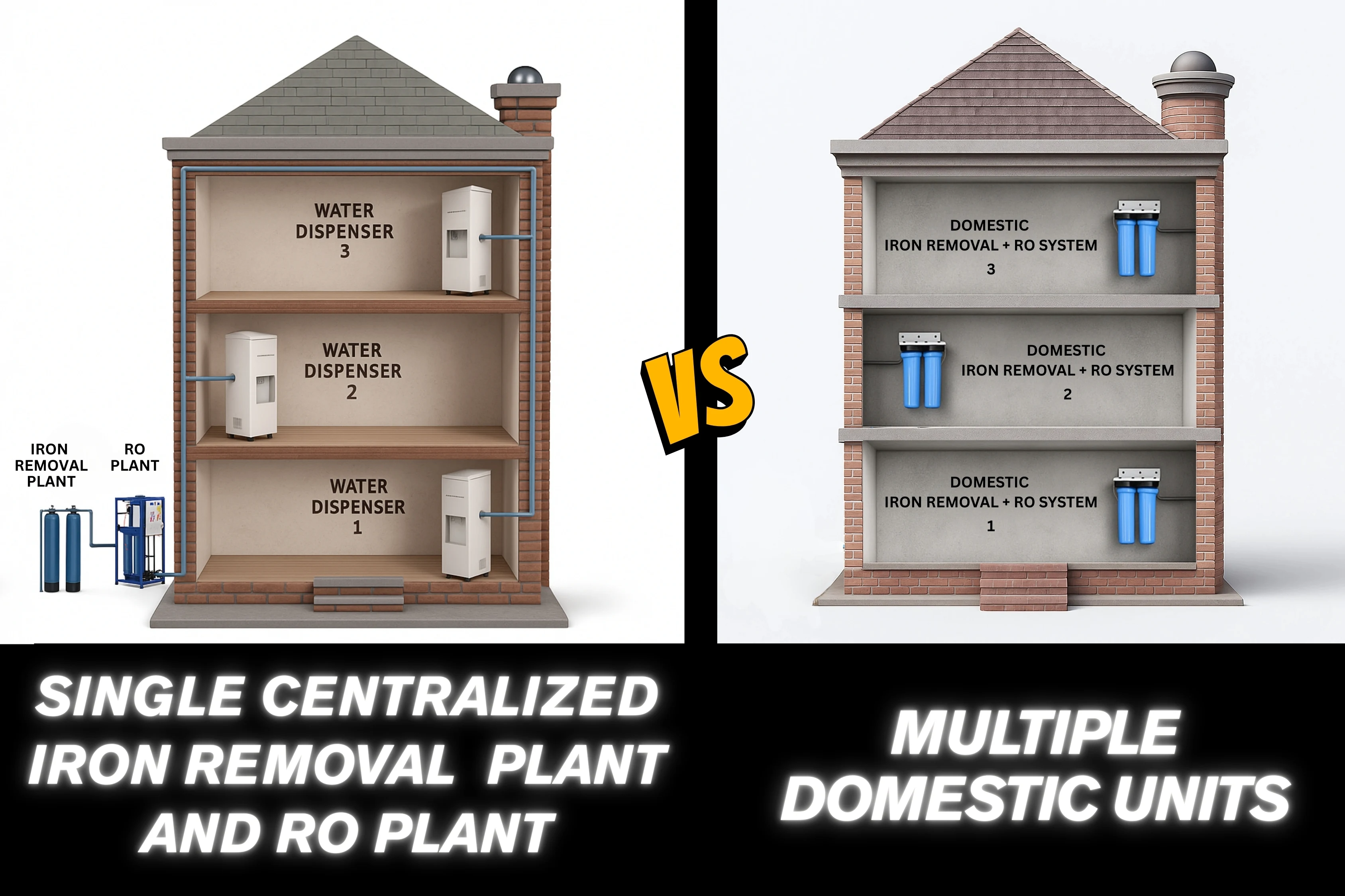 single centralized iron removal plant and ro plant with water dispenser vs multiple domestic iron removal + ro system
