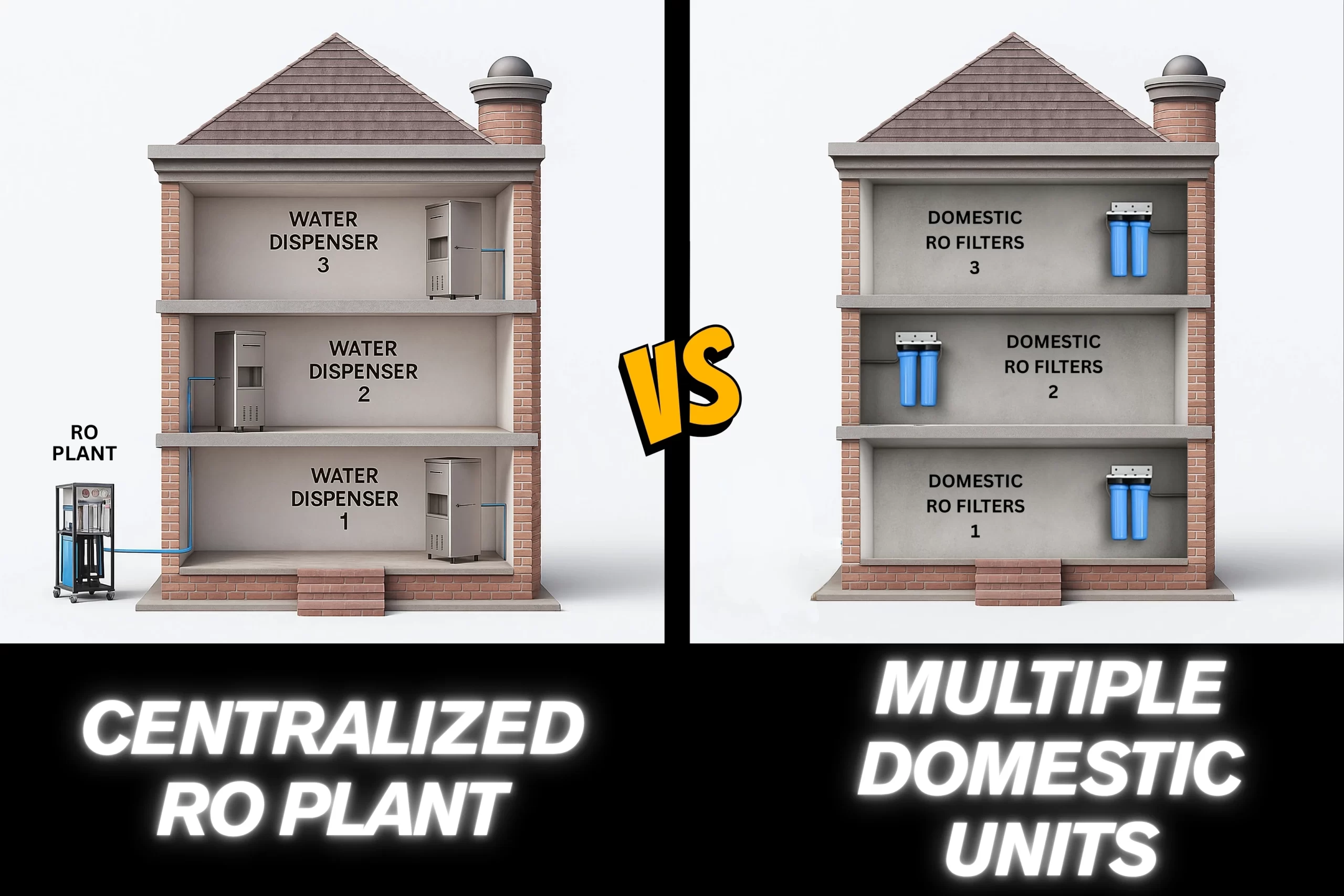 centralized ro plant with water dispenser system for hospitals vs multiple domestic ro units