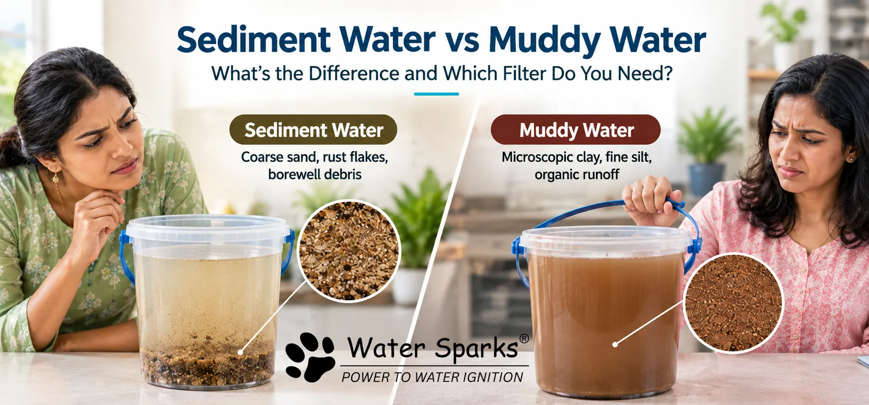 Sediment water vs muddy water comparison using buckets to show the difference in water particles and filtration needs