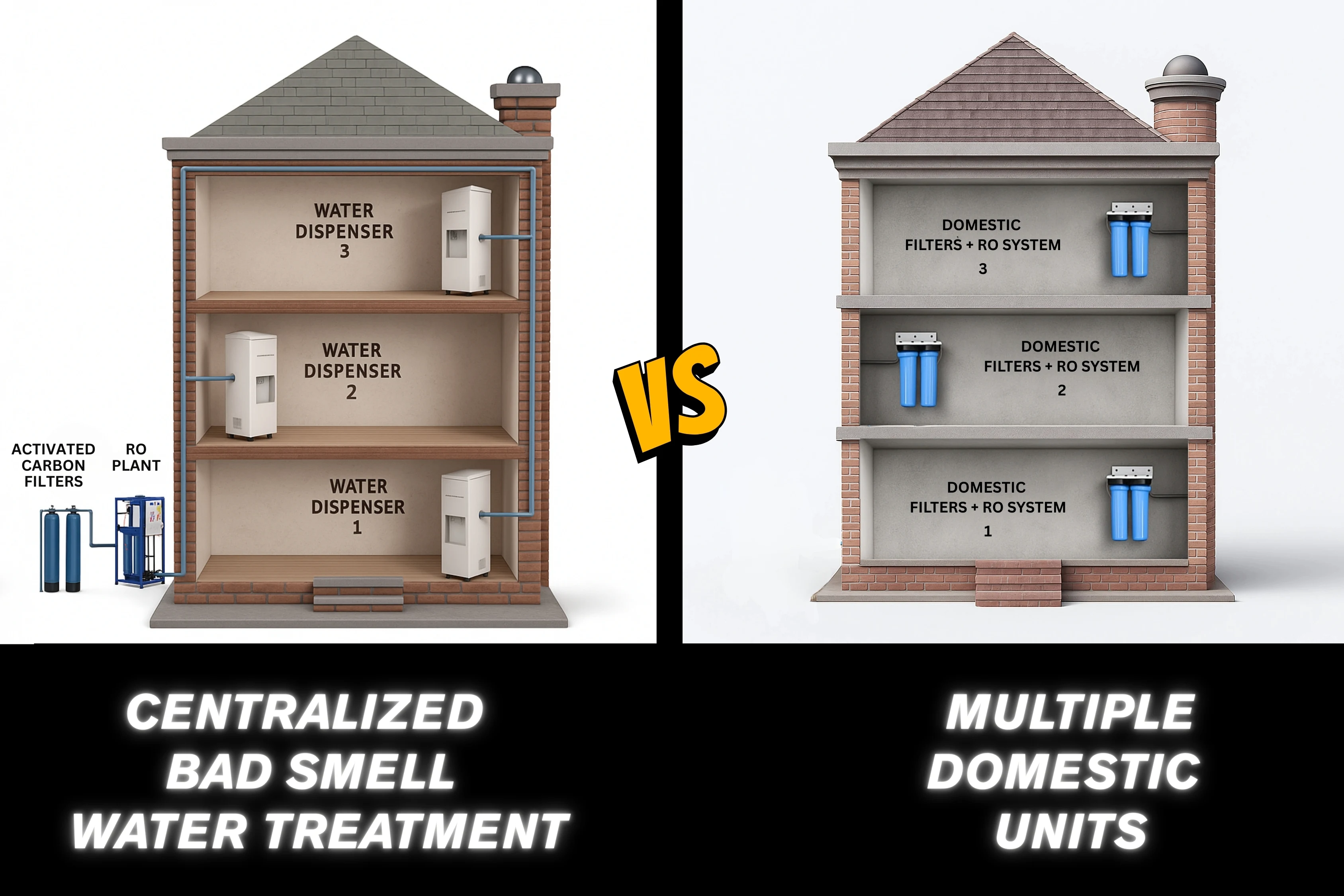 single centralized bad smell water treatment and ro plant with water dispenser vs multiple domestic filters + ro system