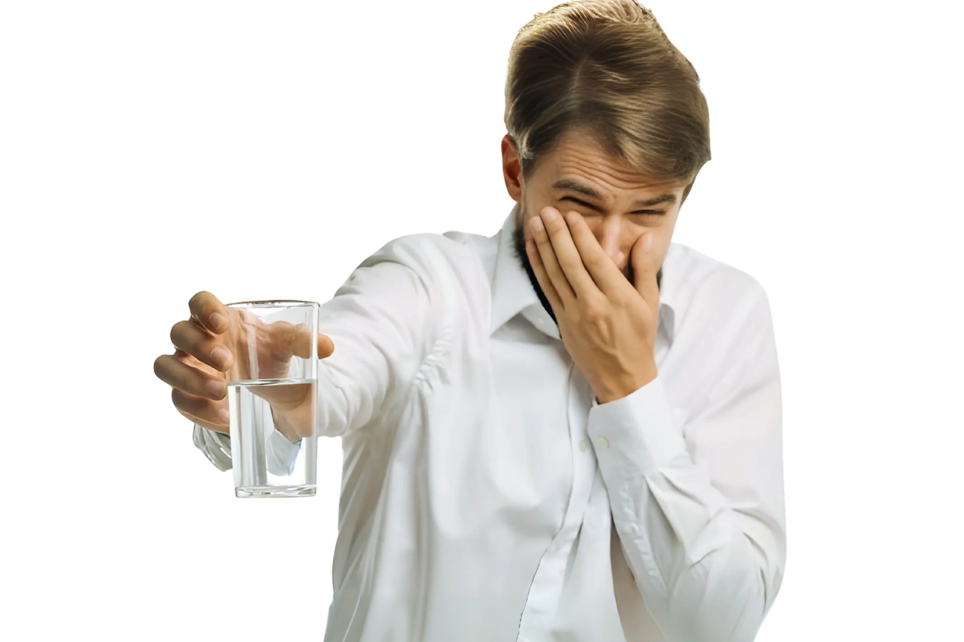 Man noticing bad smell in a glass of water