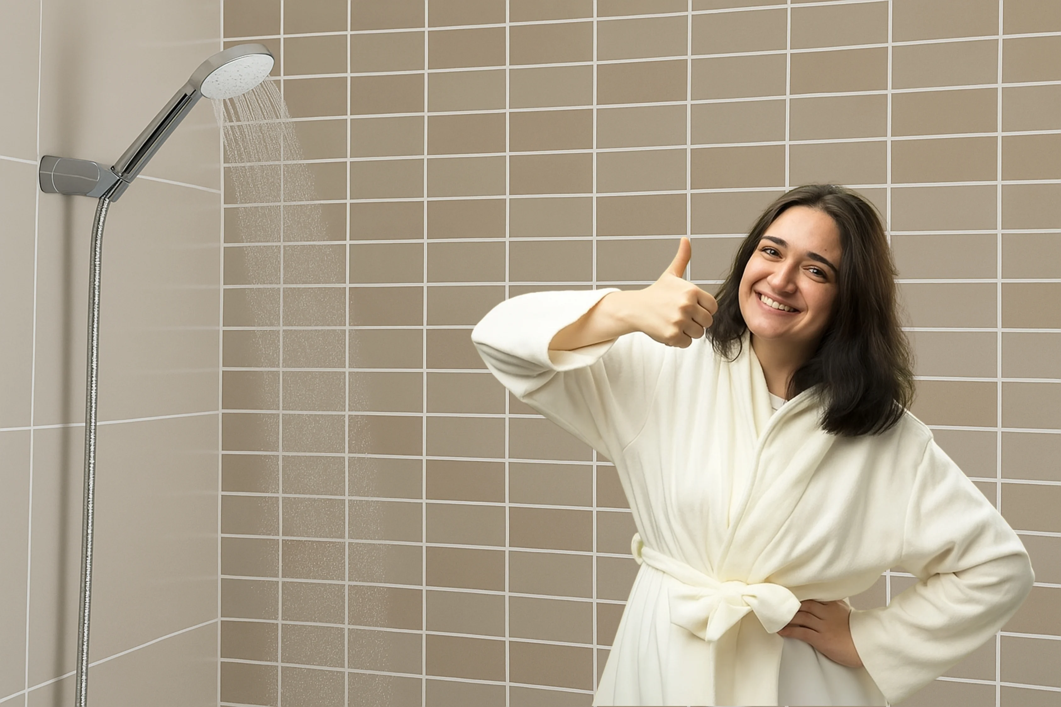 Woman opening bathroom showerhead with fresh clean water, no bad smell