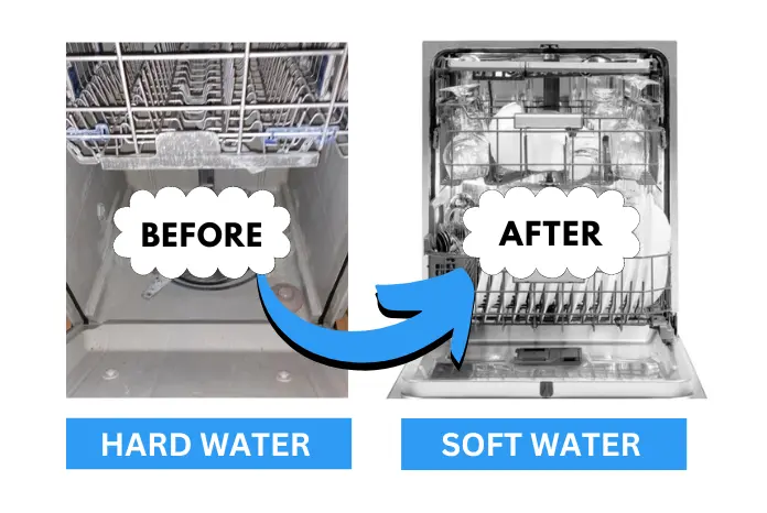 before and after of dishwasher of using hard water and soft water