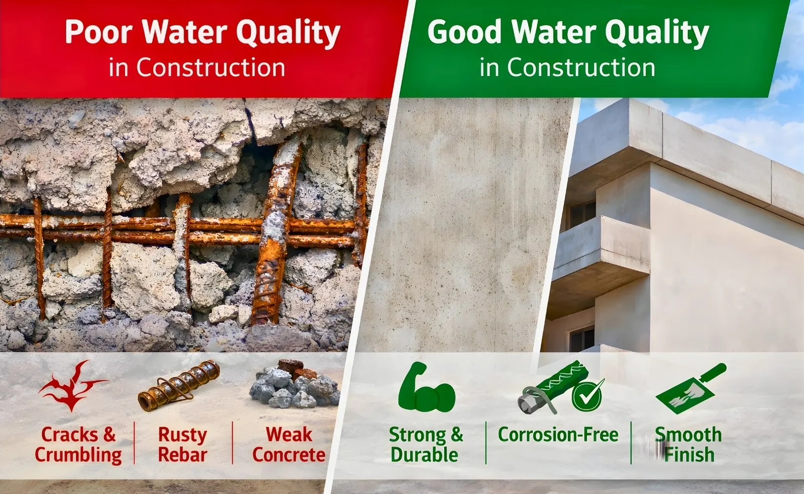 Comparison of poor and good water quality in construction showing cracked concrete and rusted rebar versus strong durable concrete