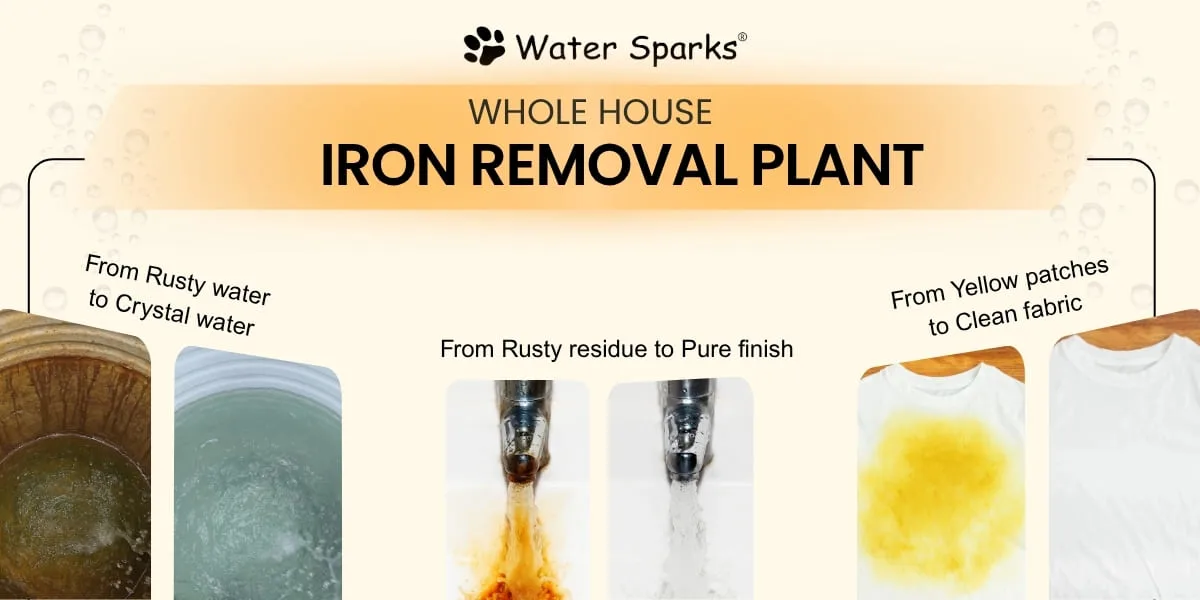 Water Sparks Whole House Iron Removal Plant banner showing before-and-after results: converting rusty well water to crystal clear water, eliminating iron residue on metal taps, and removing yellow iron stains from white laundry.
