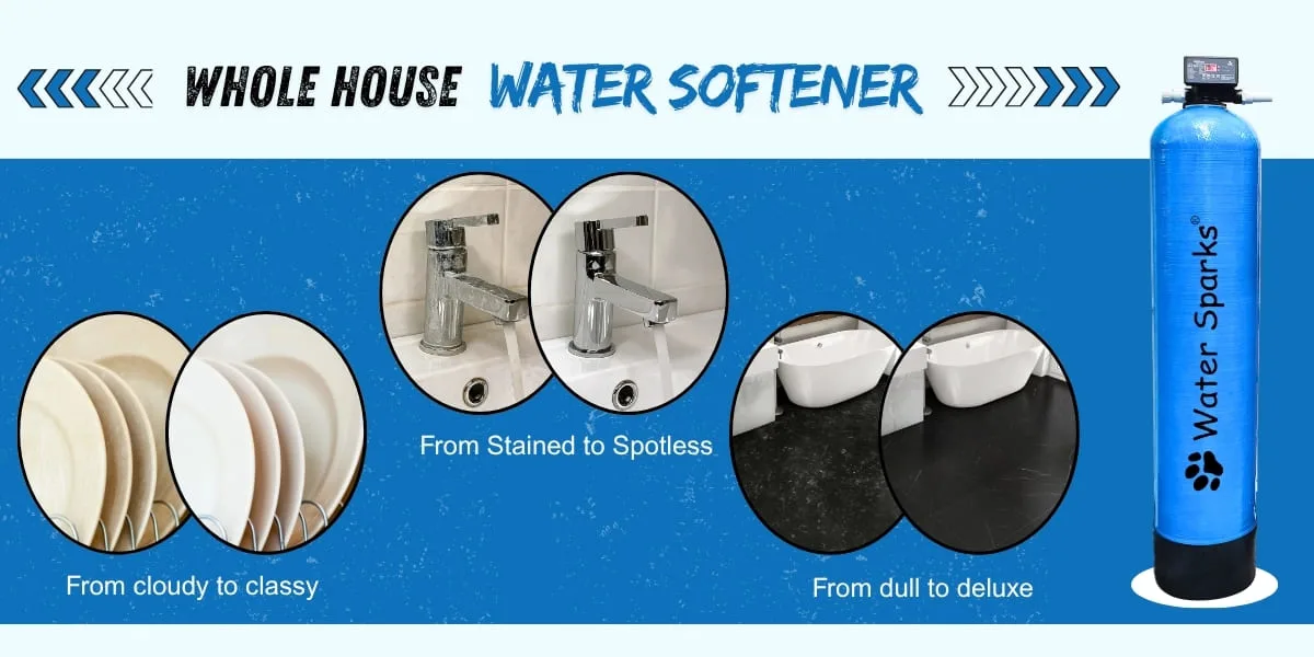 Water Sparks Whole House Water Softener product banner featuring a blue water softener tank and before-and-after visual comparisons showing plates going from cloudy to classy, taps from stained to spotless, and floors from dull to deluxe