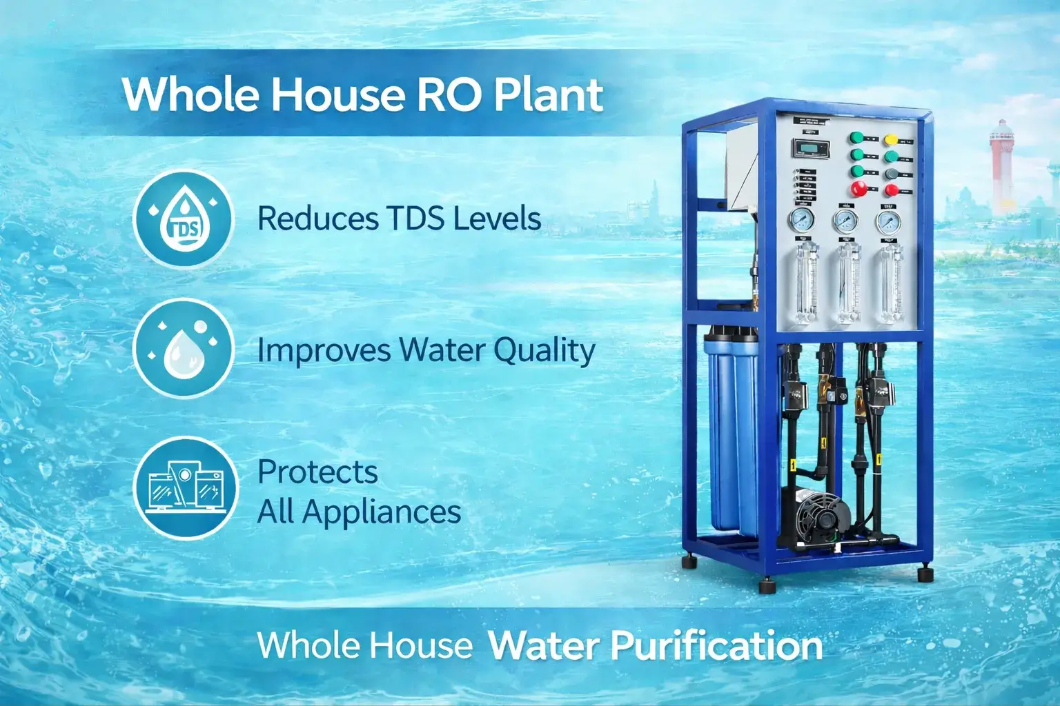 Whole House RO Plant installed in a Chennai home, showing clean water flowing into taps and appliances
