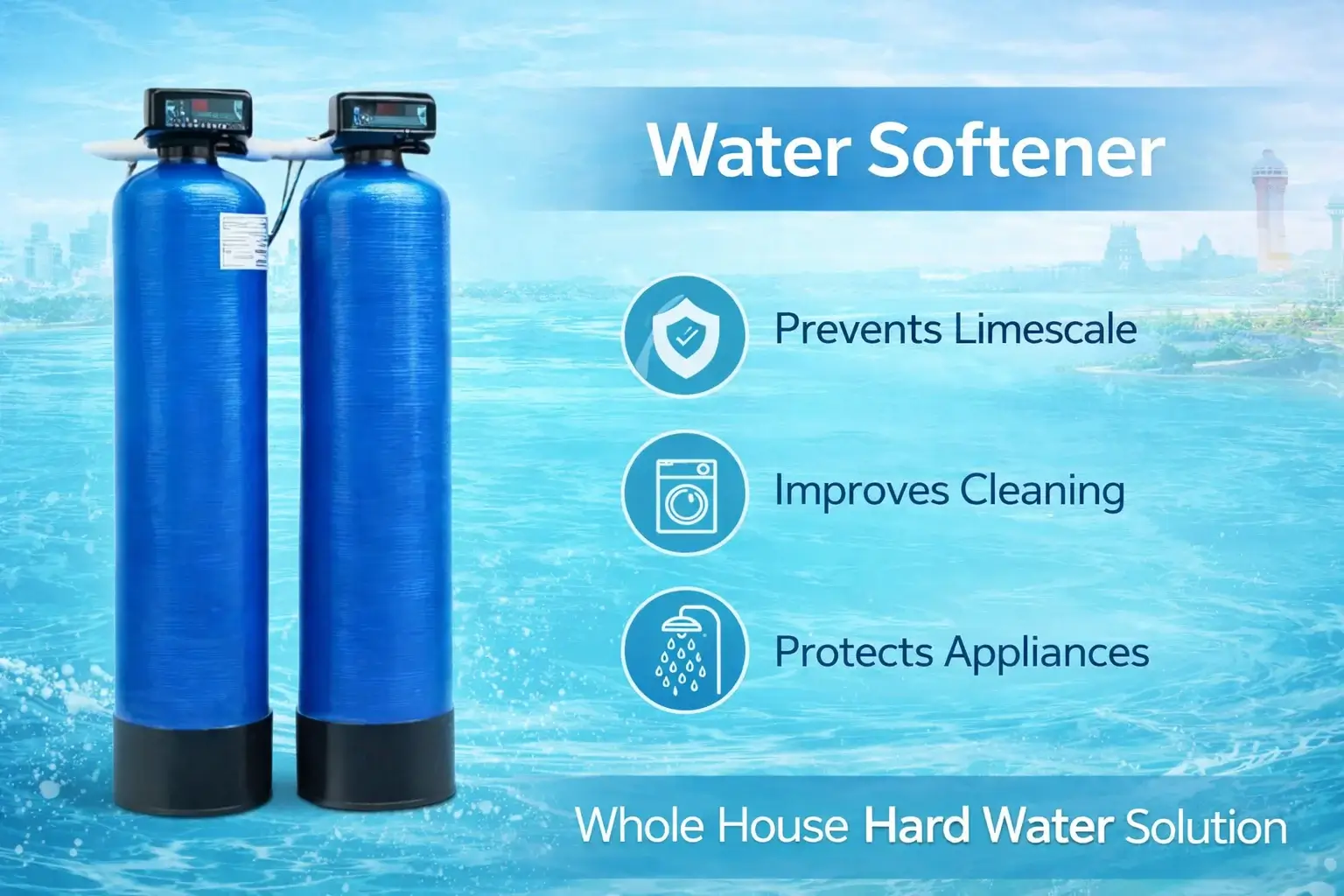 Whole House Water Softener system in a Chennai home with washing machine and shower icons